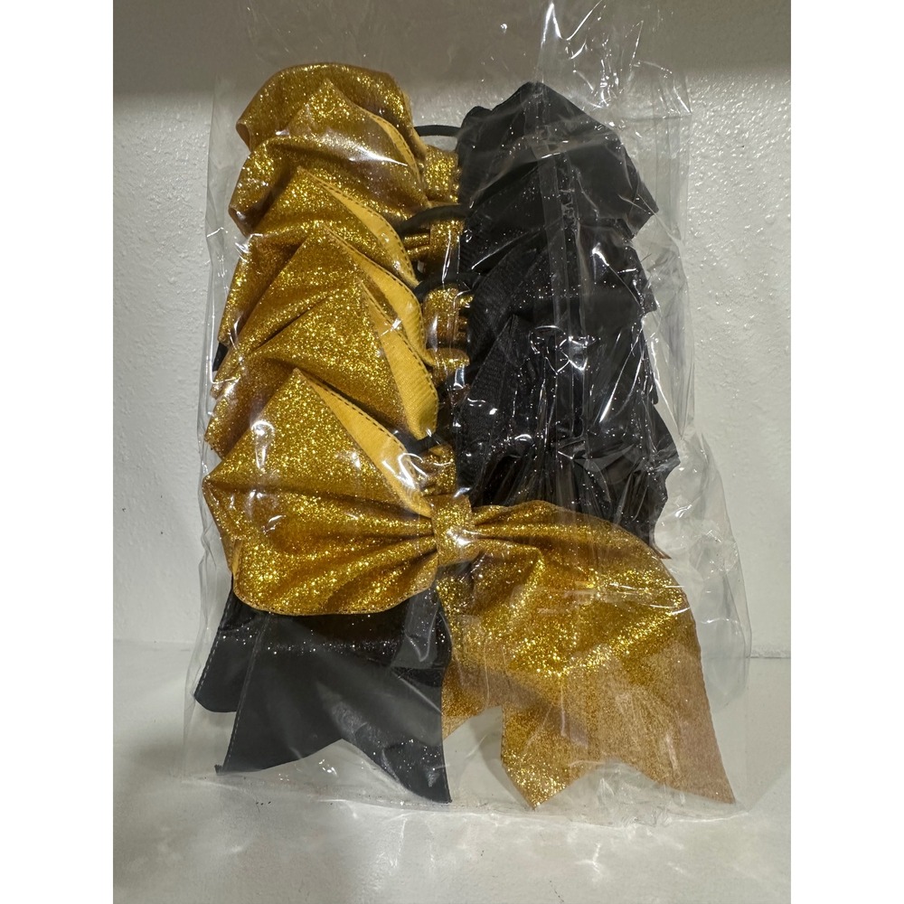 Set of 6 Kids Cheerleader Bows Gold‎ Black Glitter Sparkle Hair Accessories